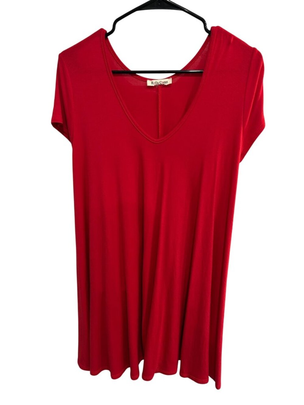 Rolla Coster Womens Red Short Sleeve V-Neck Flowy T-Shirt Dress Preppy Boho